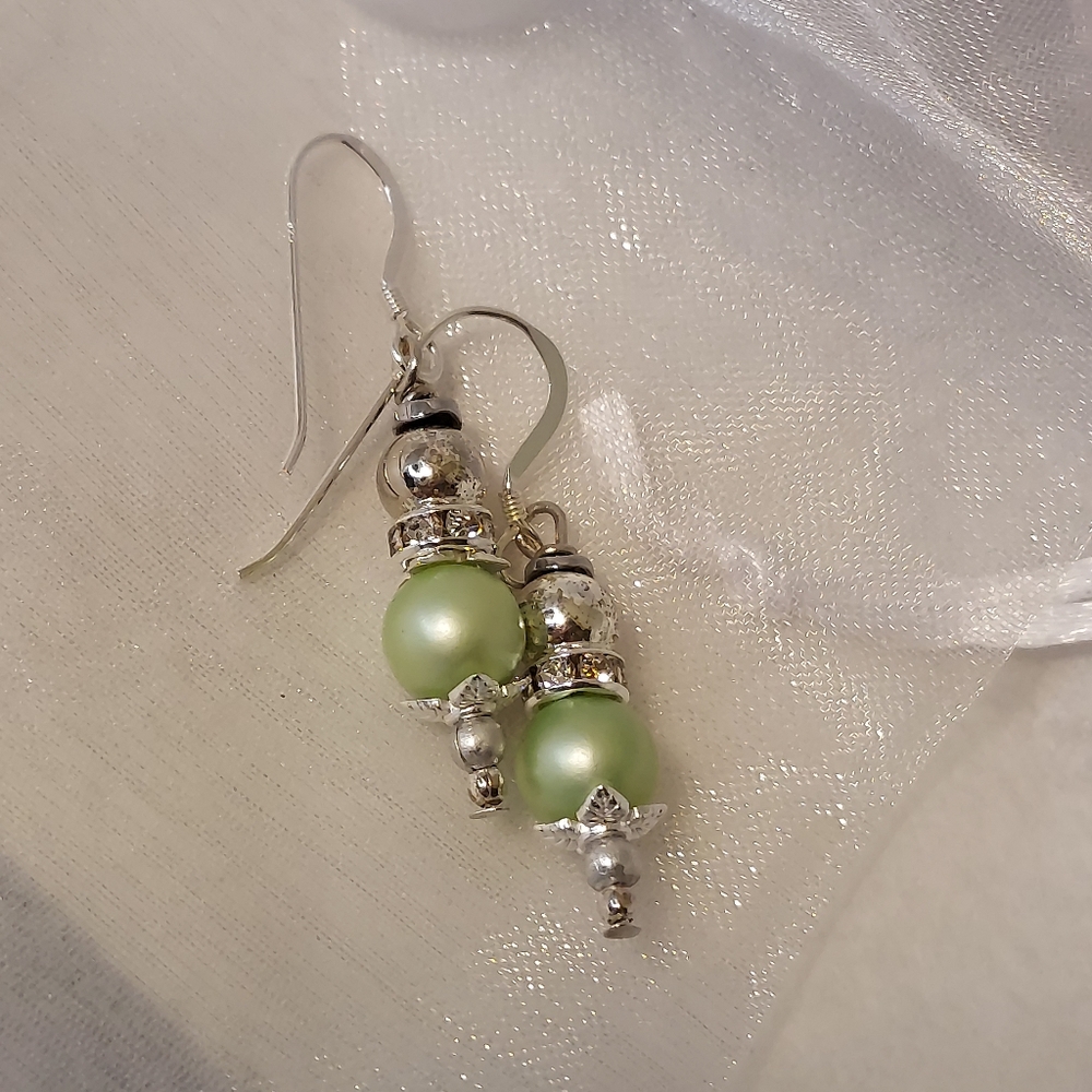 Lime Green Beads with Austrian Crystal Drop Earrings .925 Earwires